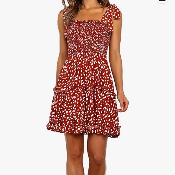 knee length dresses for ladies Lola Red Polka Dot Lace Trim A-Line Halter Mini Dress M / Red Multi main image 0